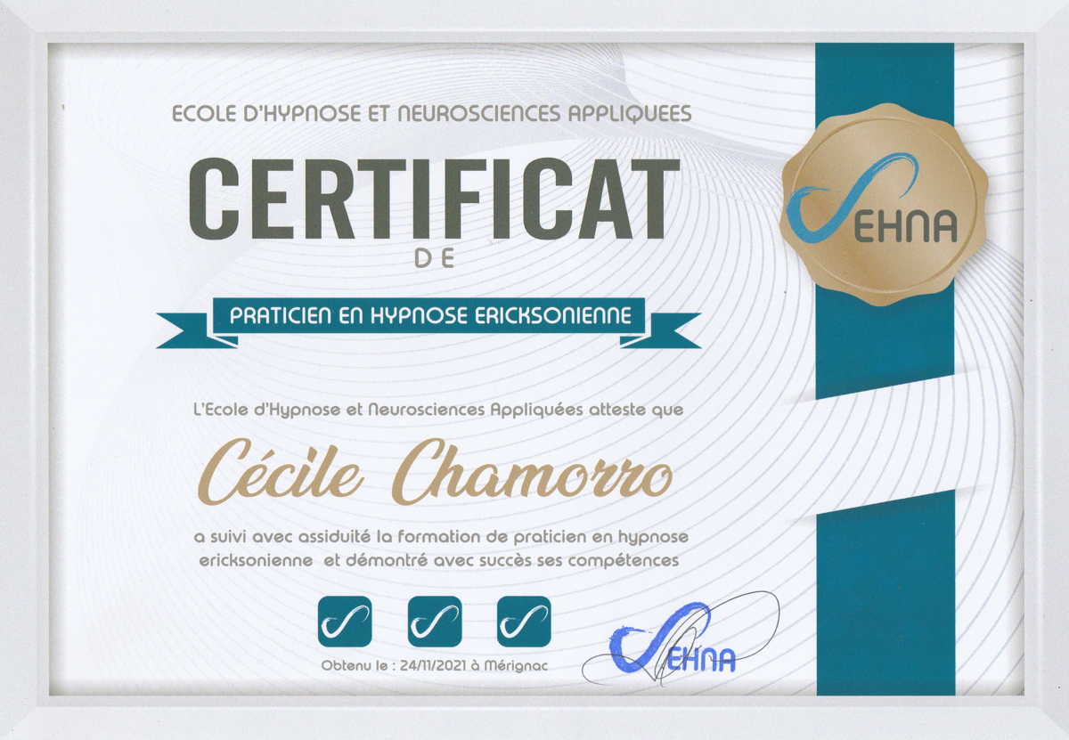 Certificat de Praticien en hypnose ericksonienne - EHNA - Cécile Chamorro